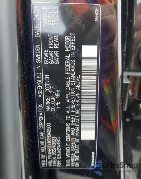 2024 Volvo Xc60 Ultimate z USA, uszkodzony, nr VIN YV4H60DJXR1940900